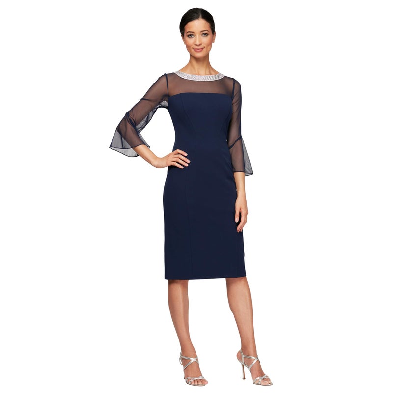 Alex Evenings Women's Short Shift Cocktail Dress with Embellished Illusion Detail, Wedding Guest (Petite and Regular Sizes), Navy, 8 - Image 1